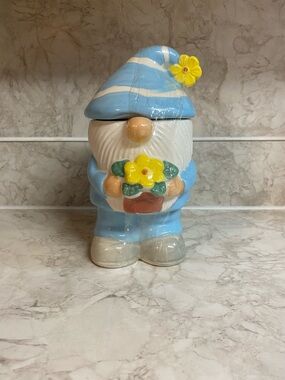 Blue & White Ceramic Gnome Cookie Jar with Yellow Flower